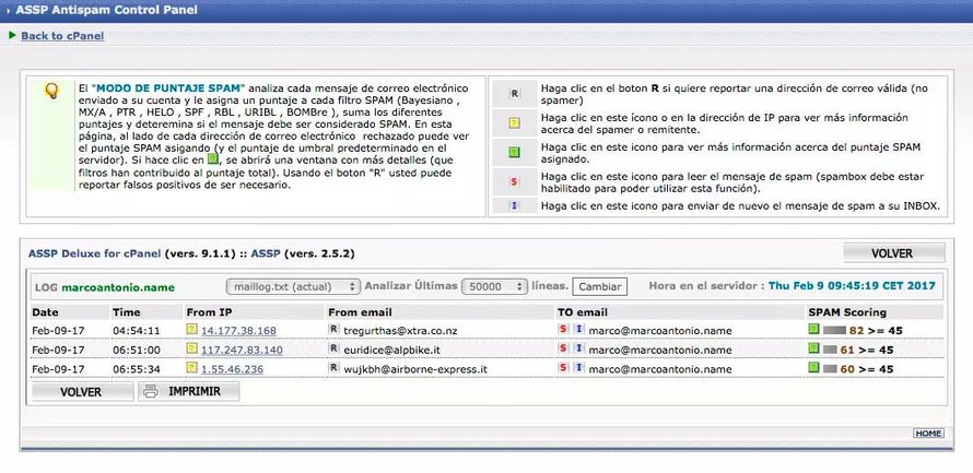 ASSP Deluxe for cPanel logs spam